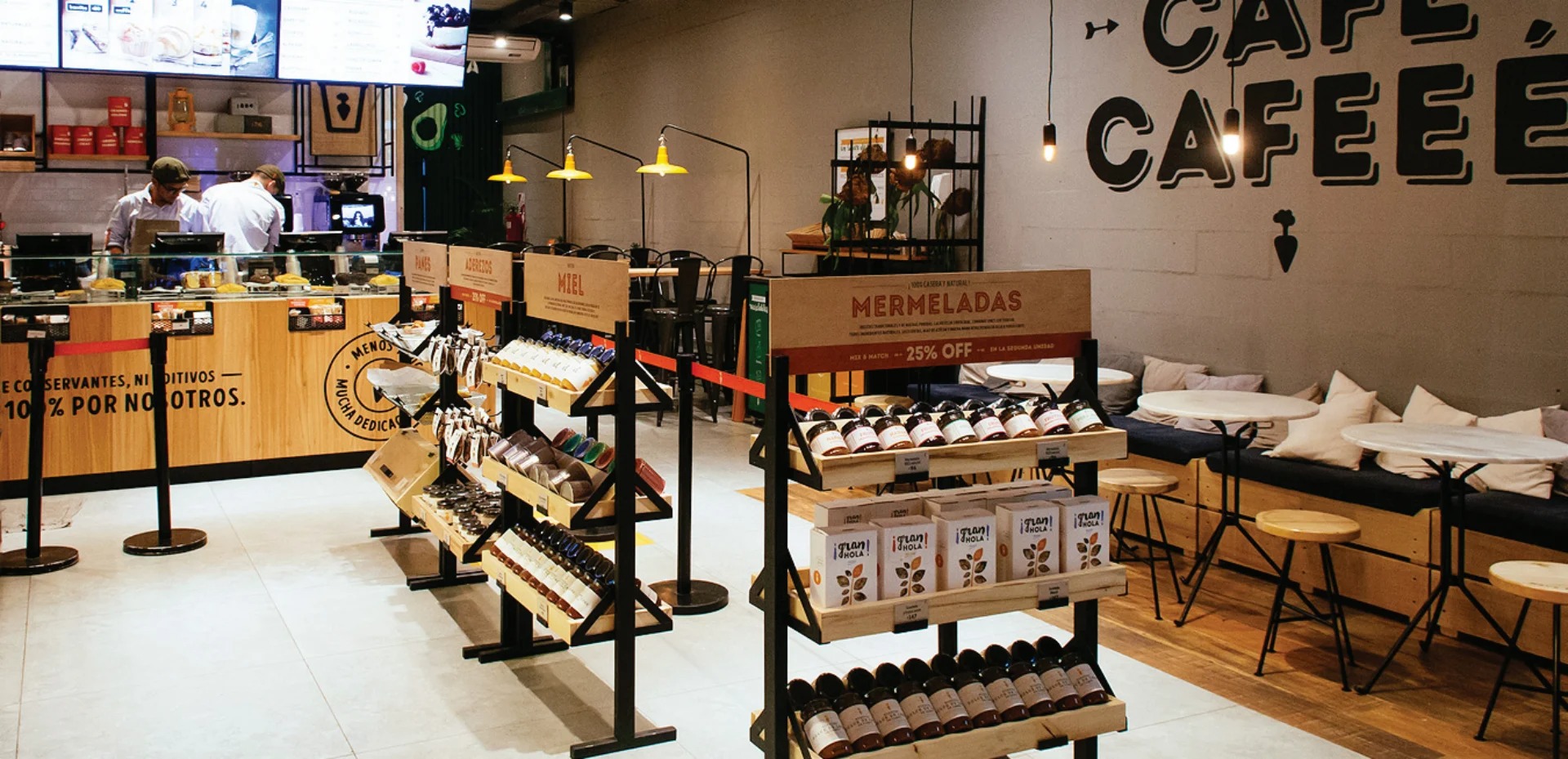 Green Eat coffee division interior, minimarket shelving, jams and retail products